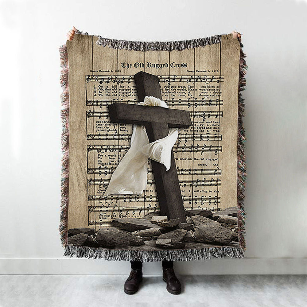 The Old Rugged Cross Woven Blanket - Black Cross White Silk Music Sheet Woven Throw Blanket - Bible Verse Woven Blanket Art - Christian Home Decor