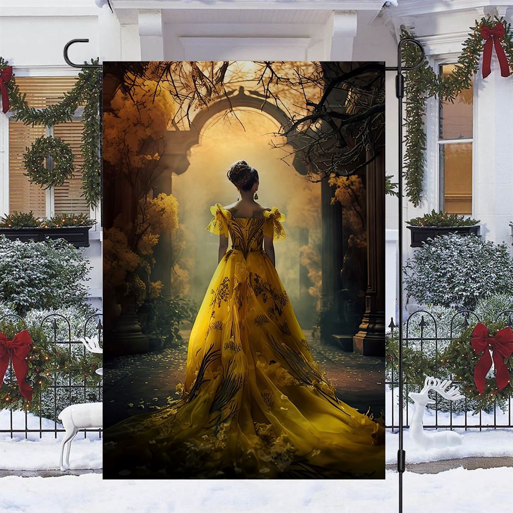 The Princess Stands In Front Of The Flower Gate Flag, Christmas Angel Garden Flag, Christmas Outdoor Decor Ideas