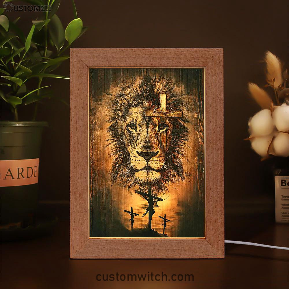 The Rugged Cross And Amazing Lion Frame Lamp - Christian Art - Religious Home Decor