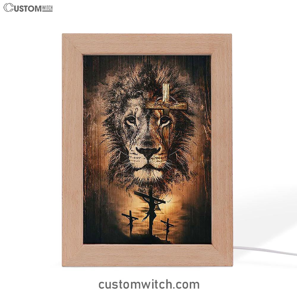 The Rugged Cross And Amazing Lion Frame Lamp - Christian Art - Religious Home Decor