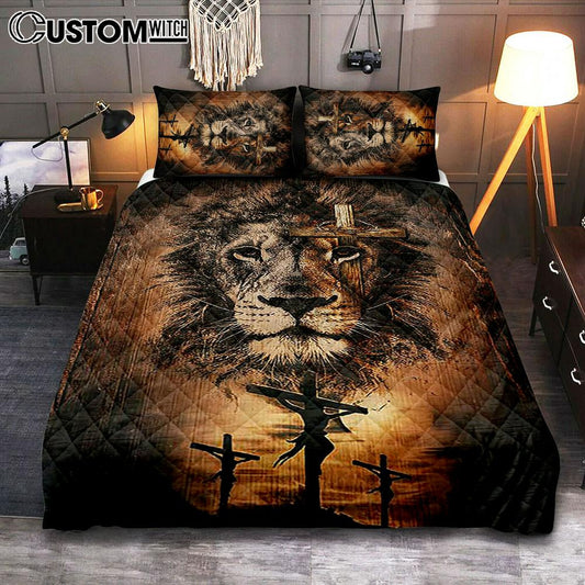 The Rugged Cross And Amazing Lion Quilt Bedding Set - Christian Bedroom - Religious Home Decor