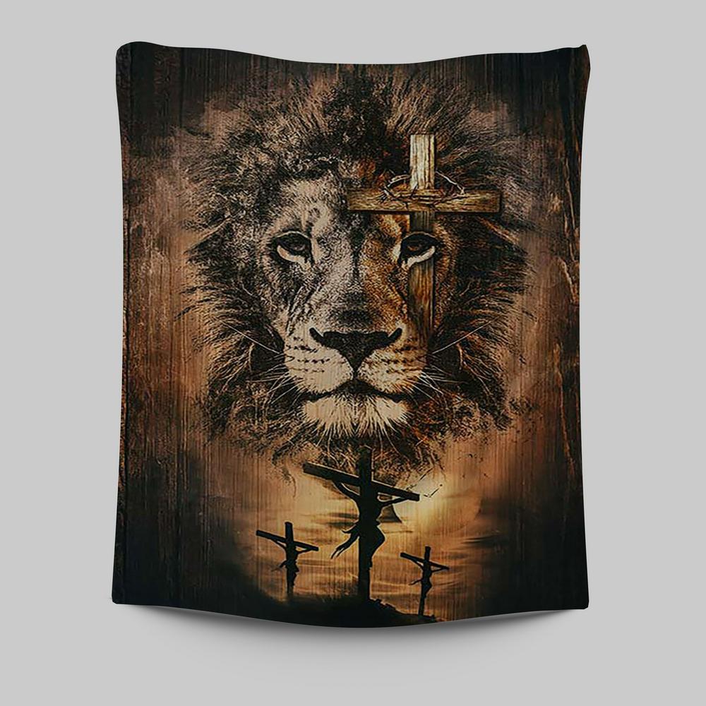 The Rugged Cross And Amazing Lion Tapestry - Christian Wall Art - Religious Home Decor