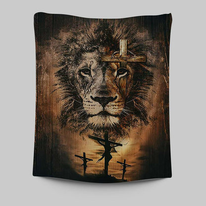 The Rugged Cross And Amazing Lion Tapestry - Christian Wall Art - Religious Home Decor