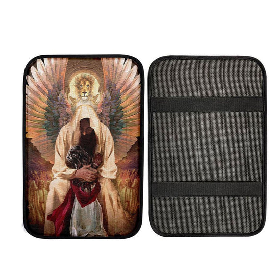 The World In His Arm Pray For Healing Angel Wings Car Center Console Cover, Christ Car Interior Accessories