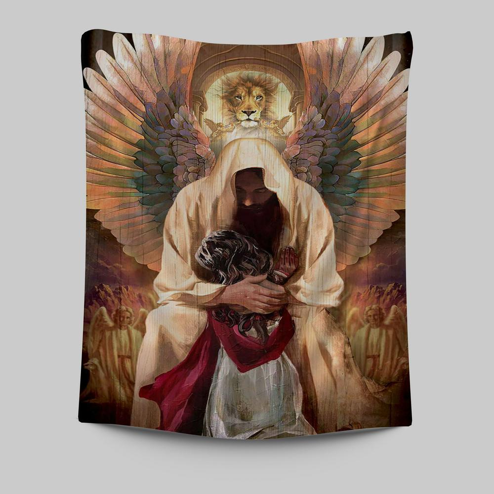 The World In His Arm Pray For Healing Angel Wings Tapestry Art - Christian Art - Bible Verse Wall Art - Religious Home Decor