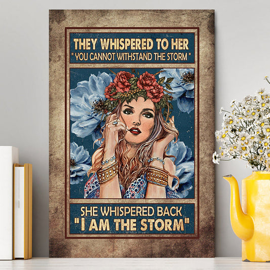 They Whispered To Her Hippie Girl Flower Wreath Canvas Wall Art - Christian Canvas Prints - Bible Verse Canvas Art