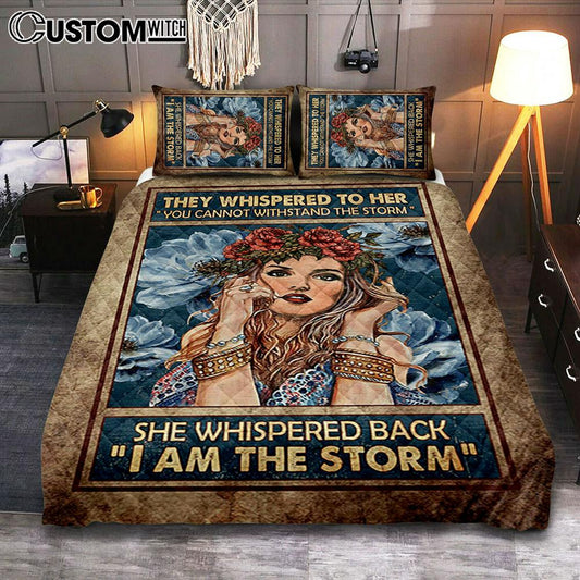 They Whispered To Her Hippie Girl Flower Wreath Quilt Bedding Set Bedroom - Christian Quilt Bedding Set Prints - Bible Verse Quilt Bedding Set Art