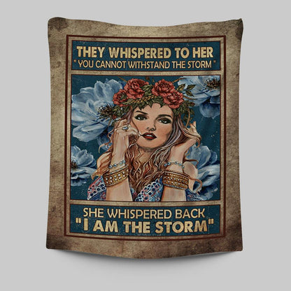 They Whispered To Her Hippie Girl Flower Wreath Tapestry Wall Art - Christian Tapestries Prints - Bible Verse Tapestry Art