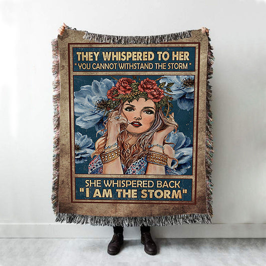 They Whispered To Her Hippie Girl Flower Wreath Woven Throw Blanket - Christian Woven Blanket Prints - Bible Verse Woven Blanket Art