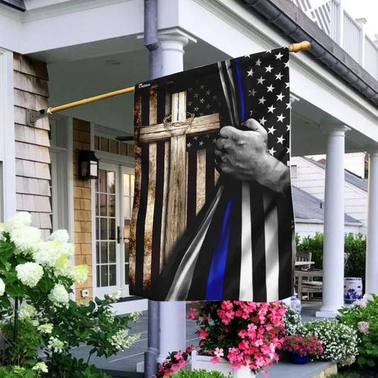 Thin Blue Line Christian Cross House Flags, Christian Flag, Scripture Flag, Garden Banner