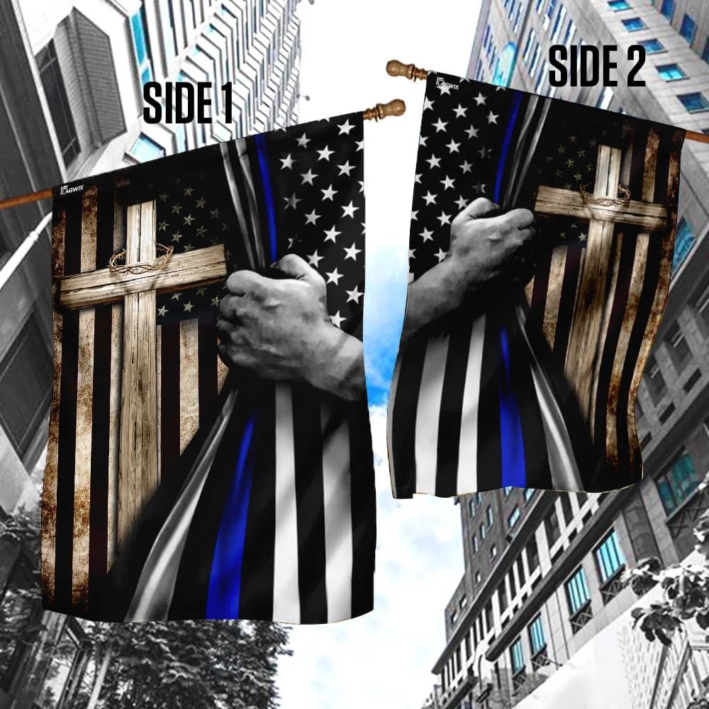 Thin Blue Line Christian Cross House Flags, Christian Flag, Scripture Flag, Garden Banner