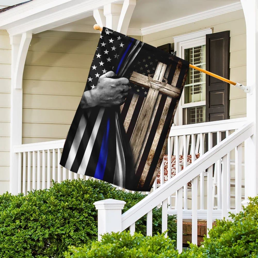 Thin Blue Line Christian Cross House Flags, Christian Flag, Scripture Flag, Garden Banner