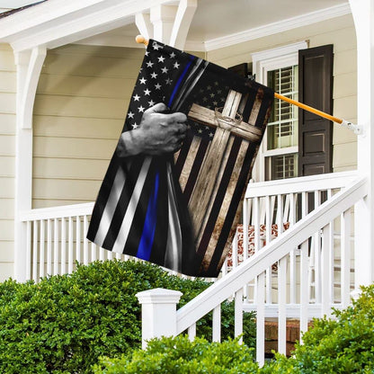 Thin Blue Line Christian Cross House Flags, Christian Flag, Scripture Flag, Garden Banner