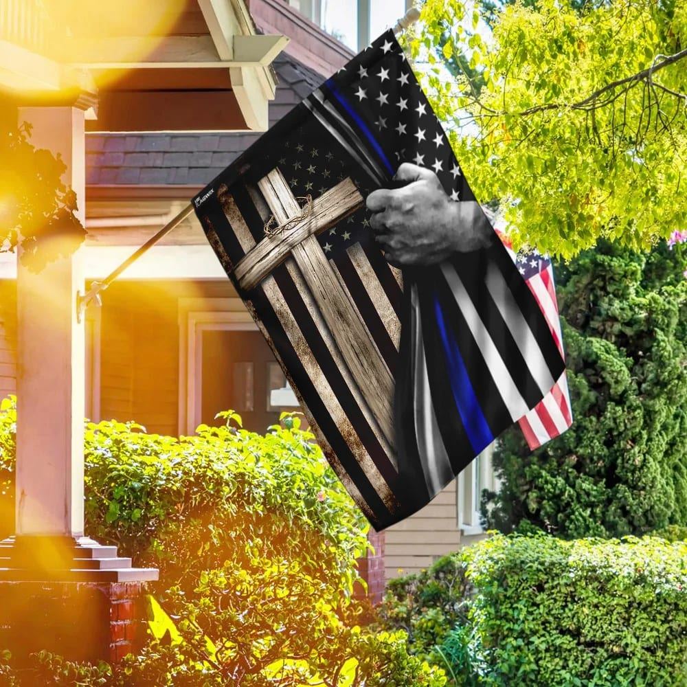 Thin Blue Line Christian Cross House Flags, Christian Flag, Scripture Flag, Garden Banner