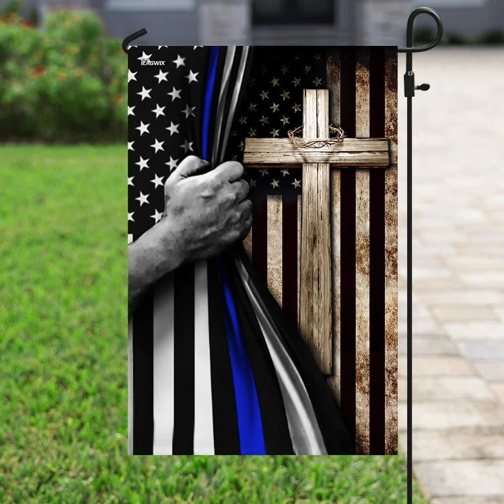 Thin Blue Line Christian Cross House Flags, Christian Flag, Scripture Flag, Garden Banner