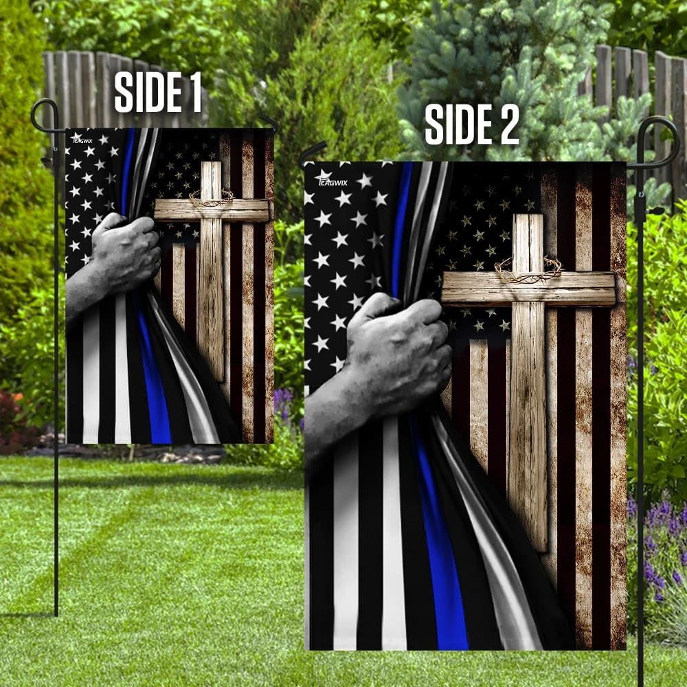Thin Blue Line Christian Cross House Flags, Christian Flag, Scripture Flag, Garden Banner