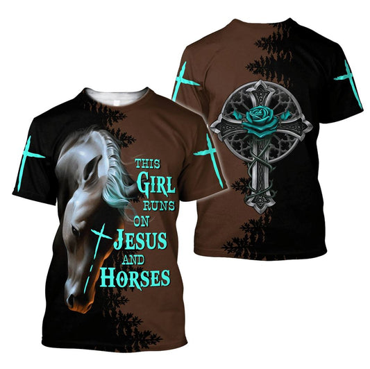This Girl Run On Jesus And Horse Jesus All Over Print 3D T Shirt For Men And Women, Christian T-Shirt, Faith Shirt