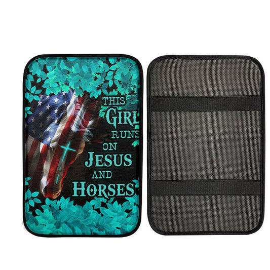 This Girl Runs On Jesus And Horses America Horse Cross Car Center Console Cover, Bible Verse Car Interior Accessories