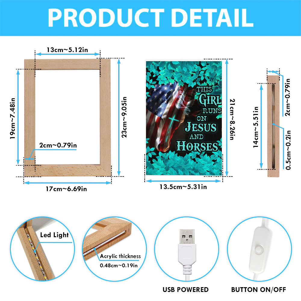 This Girl Runs On Jesus And Horses America Horse Cross Frame Lamp Prints - Jesus Christ Frame Lamp Art - Christian Decor