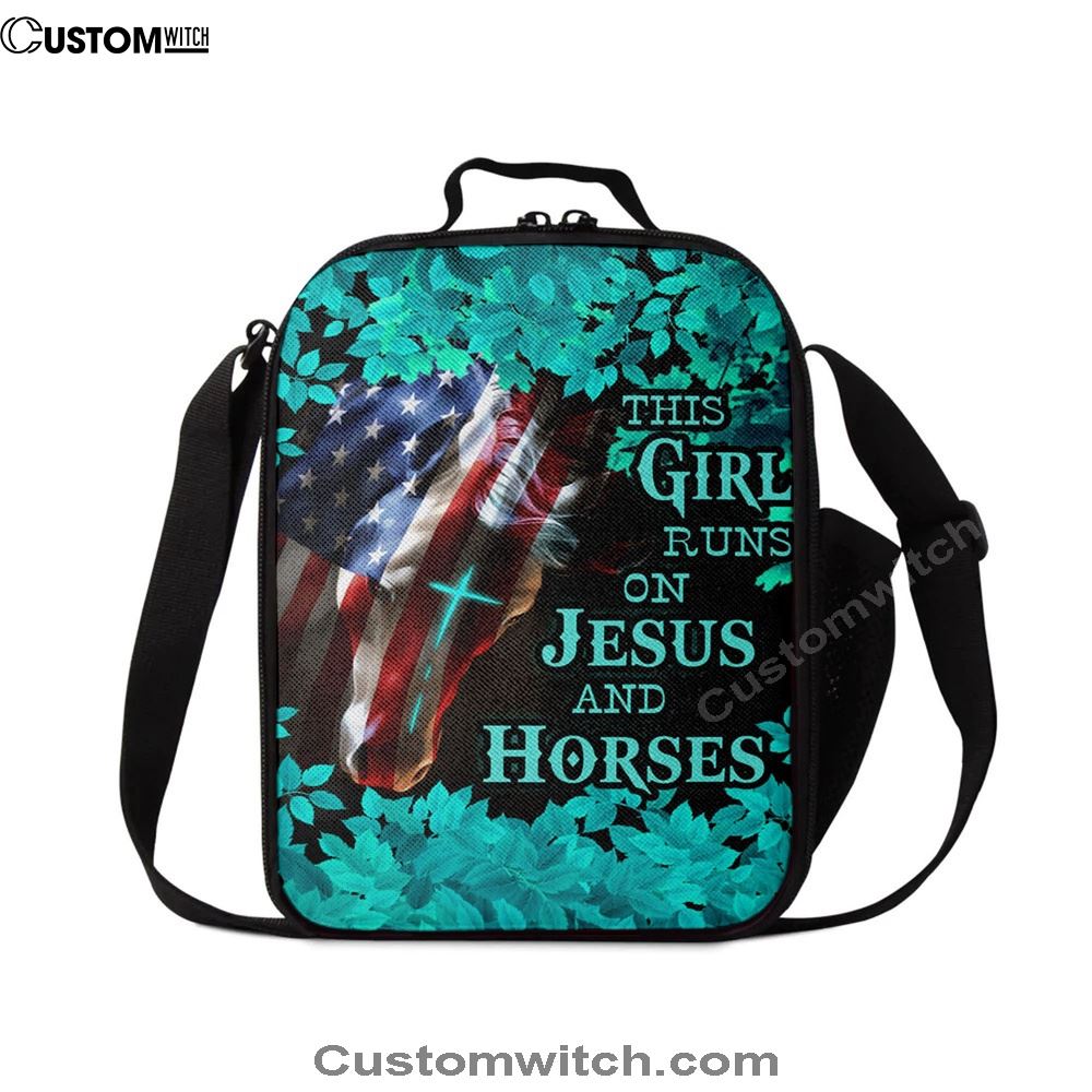 This Girl Runs On Jesus And Horses America Horse Cross Lunch Bag For Men And Women, Spiritual Christian Lunch Box For School, Work
