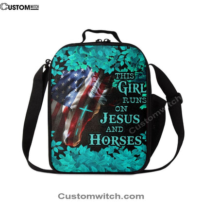 This Girl Runs On Jesus And Horses America Horse Cross Lunch Bag For Men And Women, Spiritual Christian Lunch Box For School, Work