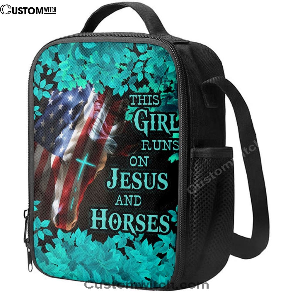 This Girl Runs On Jesus And Horses America Horse Cross Lunch Bag For Men And Women, Spiritual Christian Lunch Box For School, Work
