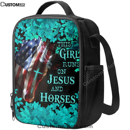 This Girl Runs On Jesus And Horses America Horse Cross Lunch Bag For Men And Women, Spiritual Christian Lunch Box For School, Work