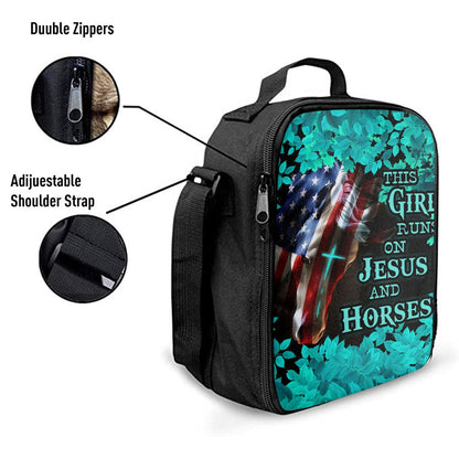 This Girl Runs On Jesus And Horses America Horse Cross Lunch Bag For Men And Women, Spiritual Christian Lunch Box For School, Work