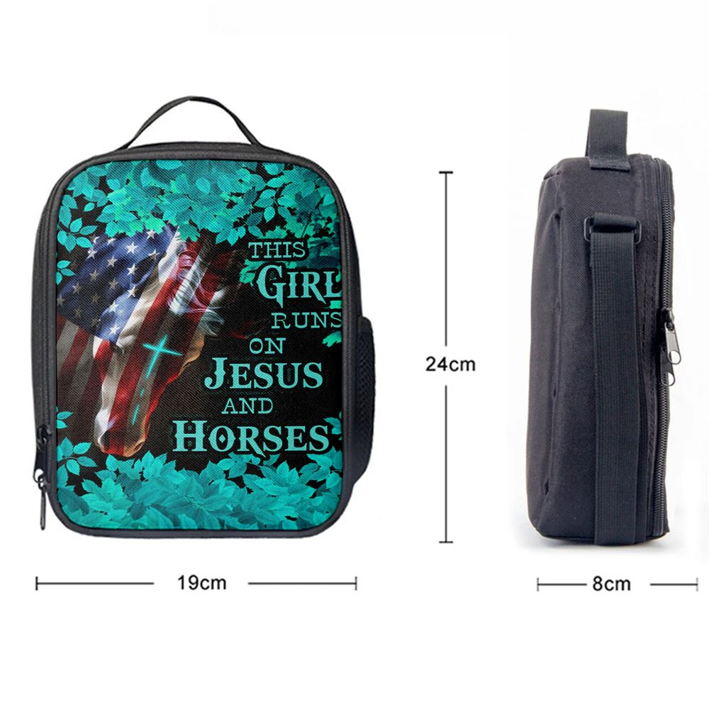 This Girl Runs On Jesus And Horses America Horse Cross Lunch Bag For Men And Women, Spiritual Christian Lunch Box For School, Work