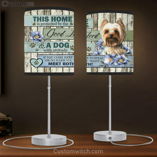 This Home Is Protected By A Dog With Attitude Yorkshire Terrier Blue Flower Table Lamb Art - Christian Lamb Gift Decor - Bible Verse Table Lamb