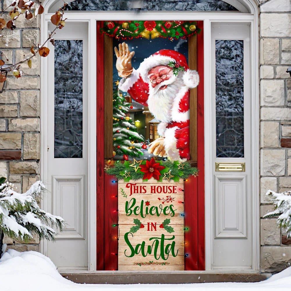 This House Believes In Santa Door Cover, Santa Claus Door Cover, Christmas Door Knob Covers, Christmas Outdoor Decoration