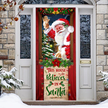 This House Believes In Santa Door Cover, Santa Claus Door Cover, Christmas Door Knob Covers, Christmas Outdoor Decoration