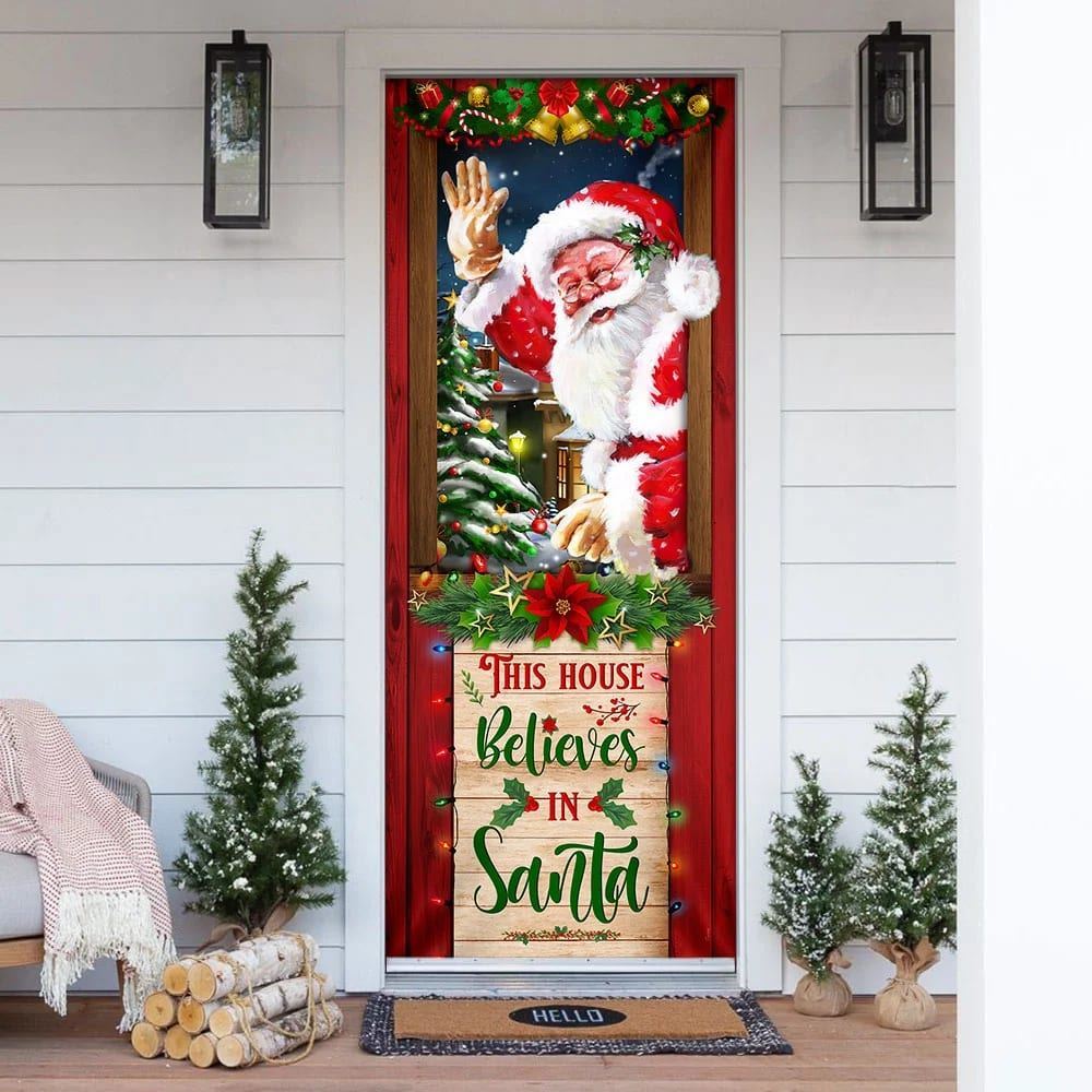This House Believes In Santa Door Cover, Santa Claus Door Cover, Christmas Door Knob Covers, Christmas Outdoor Decoration