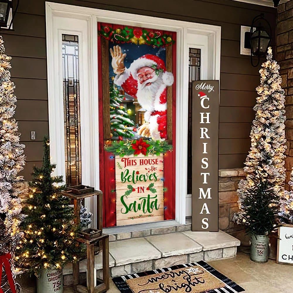 This House Believes In Santa Door Cover, Santa Claus Door Cover, Christmas Door Knob Covers, Christmas Outdoor Decoration