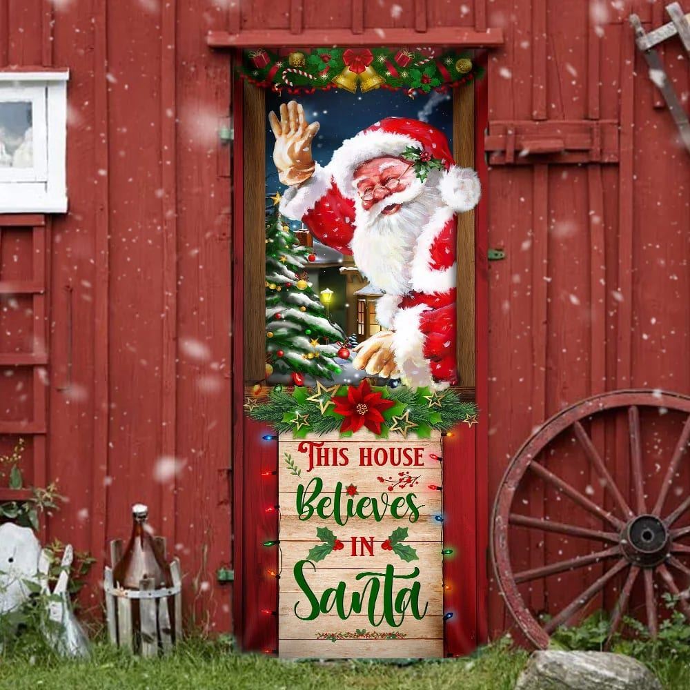 This House Believes In Santa Door Cover, Santa Claus Door Cover, Christmas Door Knob Covers, Christmas Outdoor Decoration