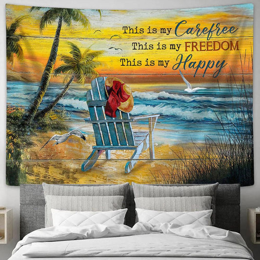 This Is My Carefree Floppy Hat Sunset Beach Seagull Tapestry Wall Art - Bible Verse Tapestry - Religious Tapestry Wall Hanging