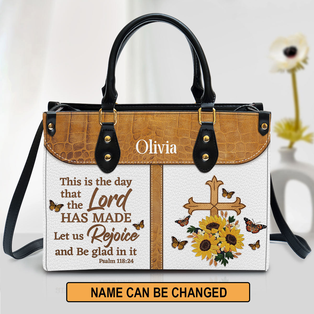 This Is The Day That The Lord Has Made Leather Bag, Custom Name Cross Leather Handbag, Christian Gifts For Women