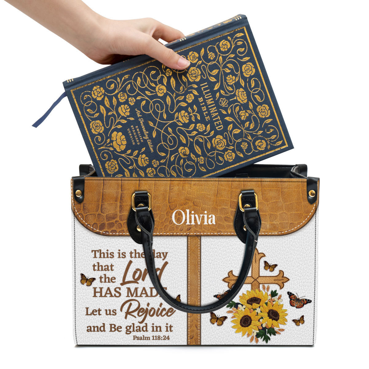 This Is The Day That The Lord Has Made Leather Bag, Custom Name Cross Leather Handbag, Christian Gifts For Women