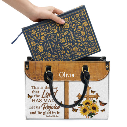 This Is The Day That The Lord Has Made Leather Bag, Custom Name Cross Leather Handbag, Christian Gifts For Women
