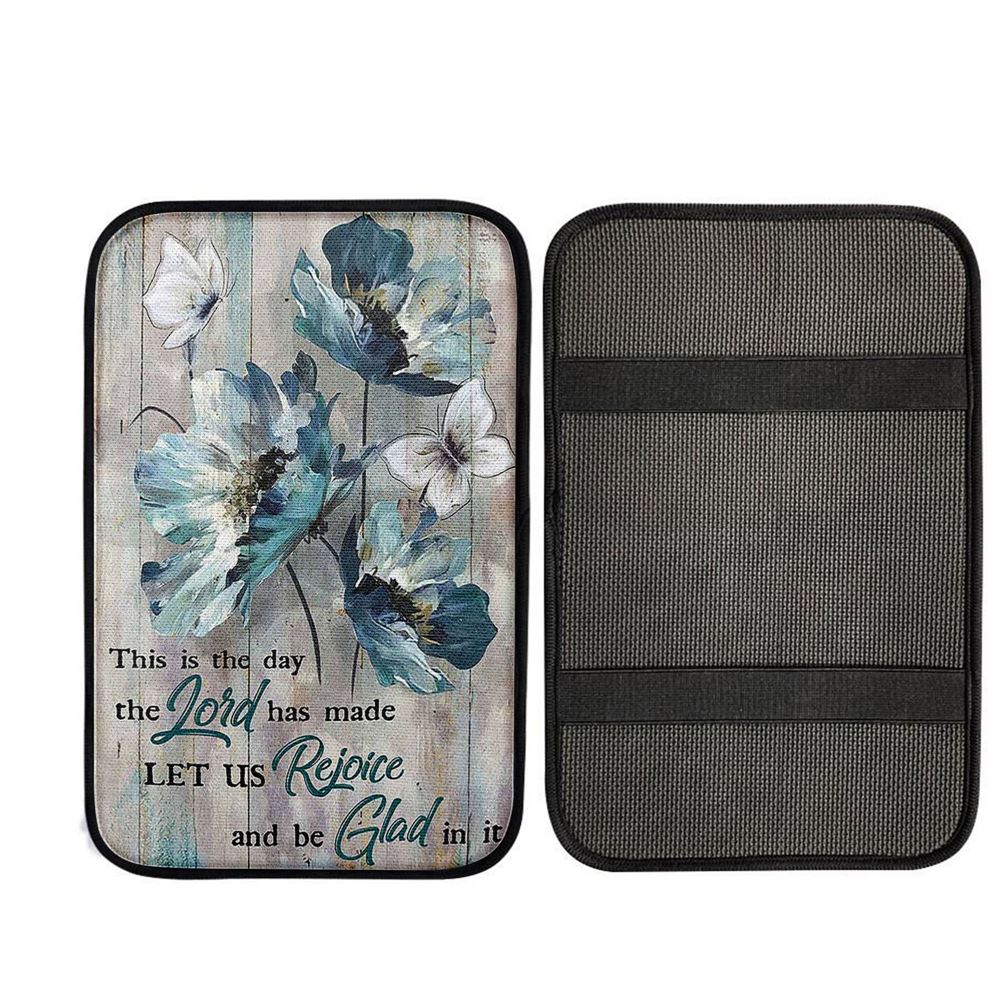 This Is The Day The Lord Has Made Blue Flower Butterfly Car Center Console Cover, Bible Verse Car Interior Accessories