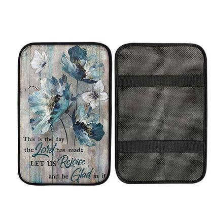 This Is The Day The Lord Has Made Blue Flower Butterfly Car Center Console Cover, Bible Verse Car Interior Accessories