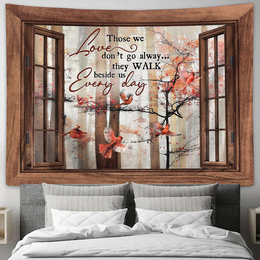 Those We Love Don't Go Away Red Cardinal Wooden Windows Tapestry Wall Art - Bible Verse Tapestry - Religious Tapestry Wall Hanging