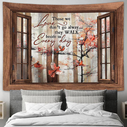 Those We Love Don't Go Away Red Cardinal Wooden Windows Tapestry Wall Art - Bible Verse Tapestry - Religious Tapestry Wall Hanging