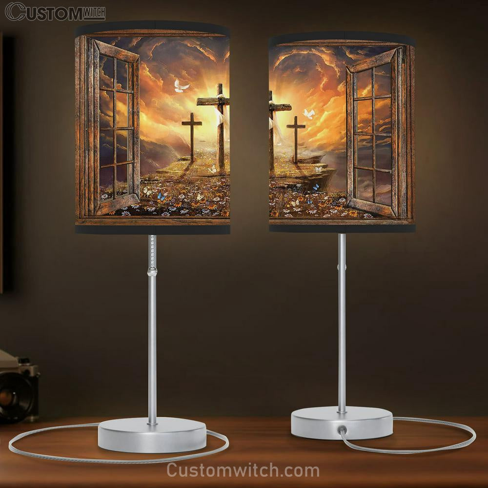 Three Cross In The Way To Heaven Jesus Large Table Lamb - Christian Table Lamb Prints - Religious Table Lamb Art