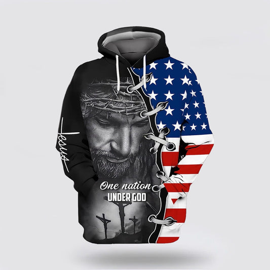 Three Crosses One Nation Under God Jesus Wreath American Flag 3D Hoodies For Women Men, God 3D Printed Hoodie, Christian Apparel Hoodies