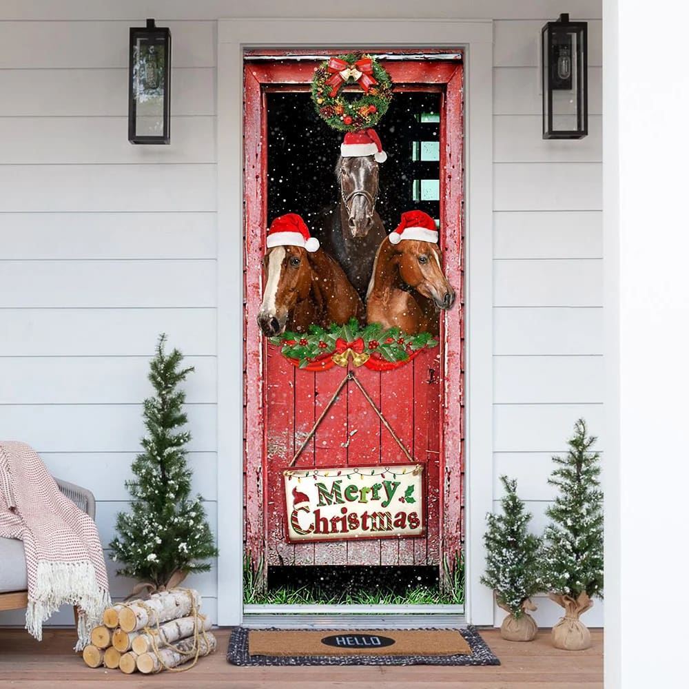 Three Horses In The Barn Door Cover,Holiday Decor, Christmas Door Knob Covers, Christmas Outdoor Decoration