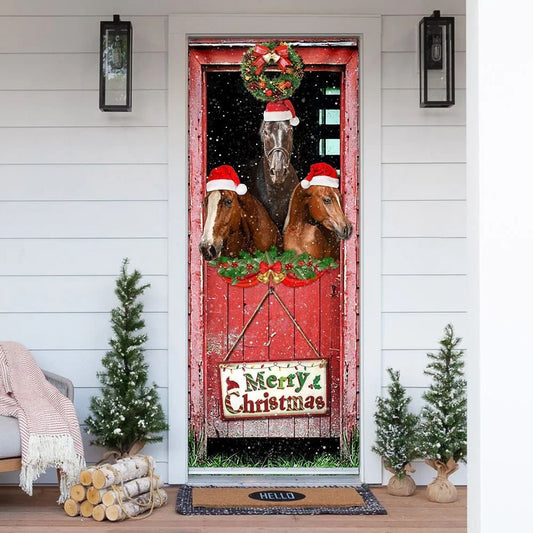 Three Horses In The Barn Door Cover,Holiday Decor, Christmas Door Knob Covers, Christmas Outdoor Decoration