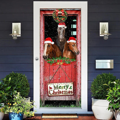 Three Horses In The Barn Door Cover,Holiday Decor, Christmas Door Knob Covers, Christmas Outdoor Decoration
