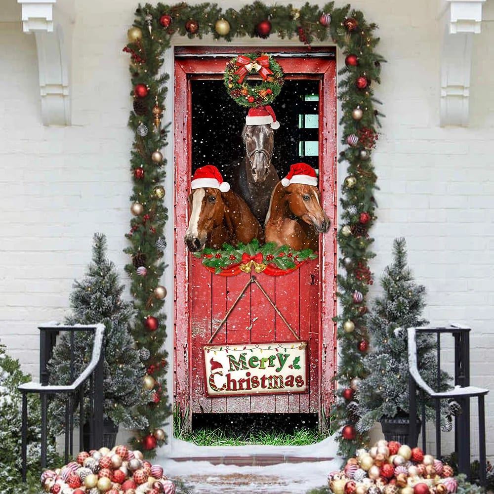 Three Horses In The Barn Door Cover,Holiday Decor, Christmas Door Knob Covers, Christmas Outdoor Decoration