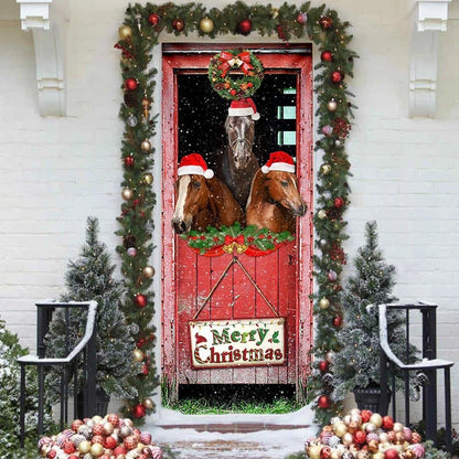 Three Horses In The Barn Door Cover,Holiday Decor, Christmas Door Knob Covers, Christmas Outdoor Decoration